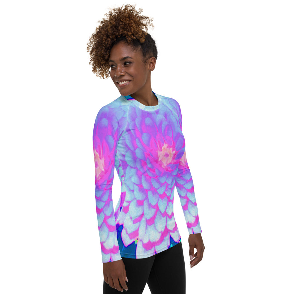 Women's Rash Guard Shirts, Pretty Purple and Pink Zinnia in the Summer Garden