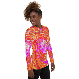 Women's Rash Guard Shirts, Abstract Retro Magenta and Autumn Colors Floral Swirl