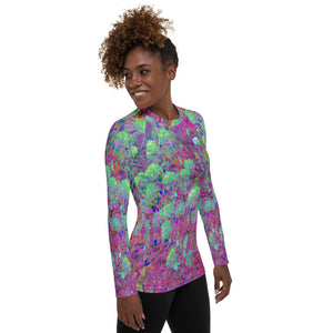 Women's Rash Guard Shirts, Magenta Garden with Aqua Hydrangea Flowers