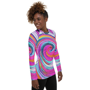 Women's Rash Guard Shirts, Cool Retro Magenta, Pink and Blue Liquid Art Swirl