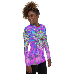 Women's Rash Guard Shirts, Trippy Abstract Aqua, Lime Green and Purple Dahlia