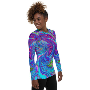 Women's Rash Guard Shirts, Blue, Pink and Purple Groovy Abstract Retro Art