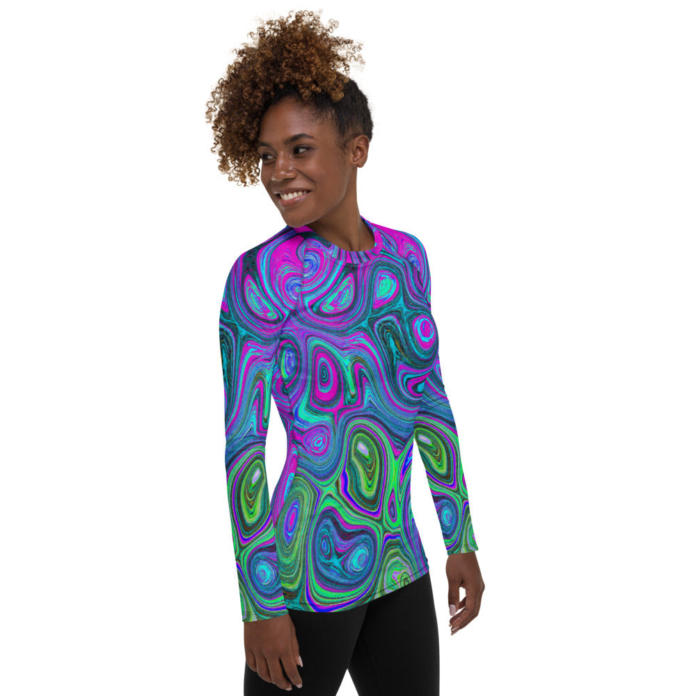 Women's Rash Guard Shirts, Marbled Magenta and Lime Green Groovy Abstract Art