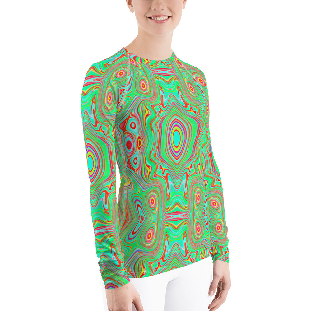 Women's Rash Guard Shirts, Trippy Retro Orange and Lime Green Abstract Pattern