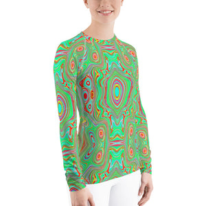 Women's Rash Guard Shirts, Trippy Retro Orange and Lime Green Abstract Pattern