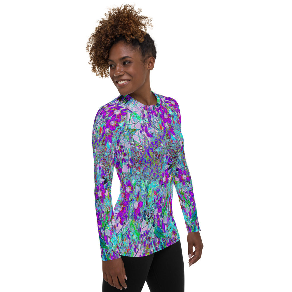 Women's Rash Guard Shirts, Aqua Garden with Violet Blue and Hot Pink Flowers