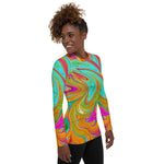 Women's Rash Guard Shirts, Blue, Orange and Hot Pink Groovy Abstract Retro Art