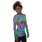 Women's Rash Guard Shirts, Trippy Lime Green and Purple Waves of Color