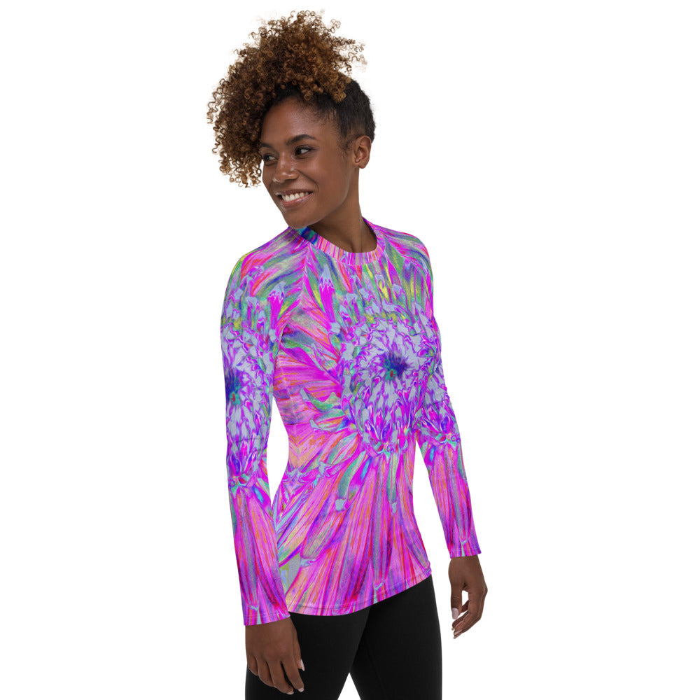 Women's Rash Guard Shirts, Cool Pink Blue and Purple Artsy Dahlia Bloom