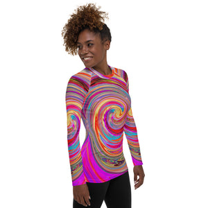 Women's Rash Guard Shirts, Colorful Rainbow Swirl Retro Abstract Design