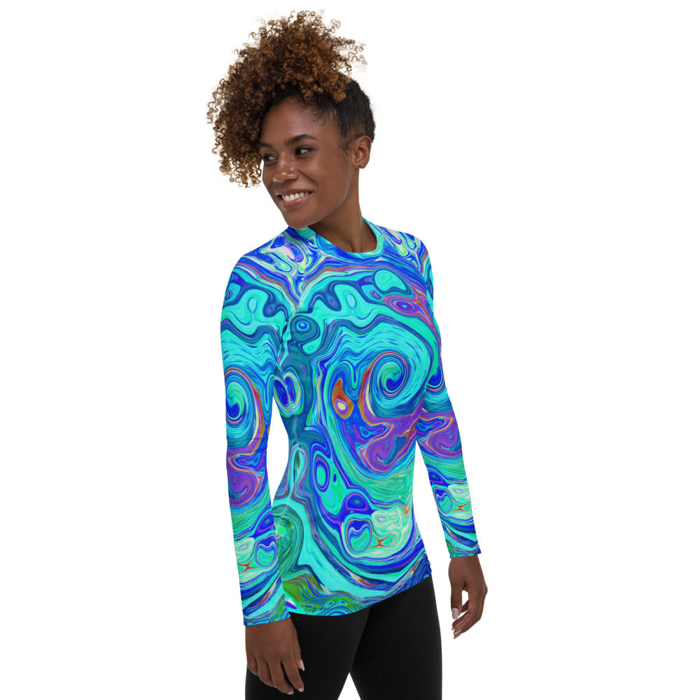 Women's Rash Guard Shirts, Groovy Abstract Ocean Blue and Green Liquid Swirl