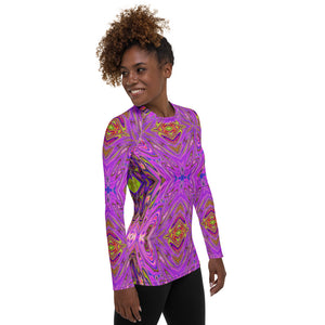 Women's Rash Guard Shirts, Trippy Pink and Purple Abstract Pattern