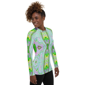 Women's Rash Guard Shirts, Retro Abstract Pink, Lime Green and Aqua Pattern