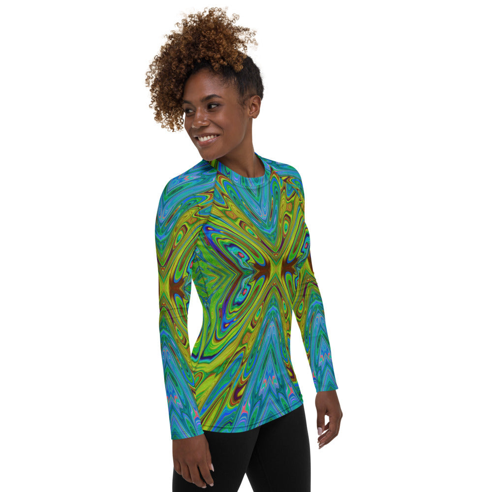 Women's Rash Guard Shirts, Trippy Chartreuse and Blue Abstract Butterfly