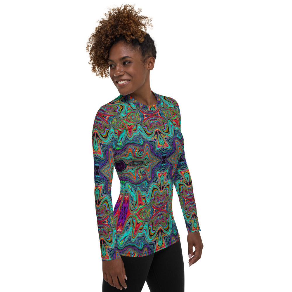 Women's Rash Guard Shirts, Wavy Sea Foam Green and Red Trippy Pattern