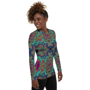 Women's Rash Guard Shirts, Wavy Sea Foam Green and Red Trippy Pattern