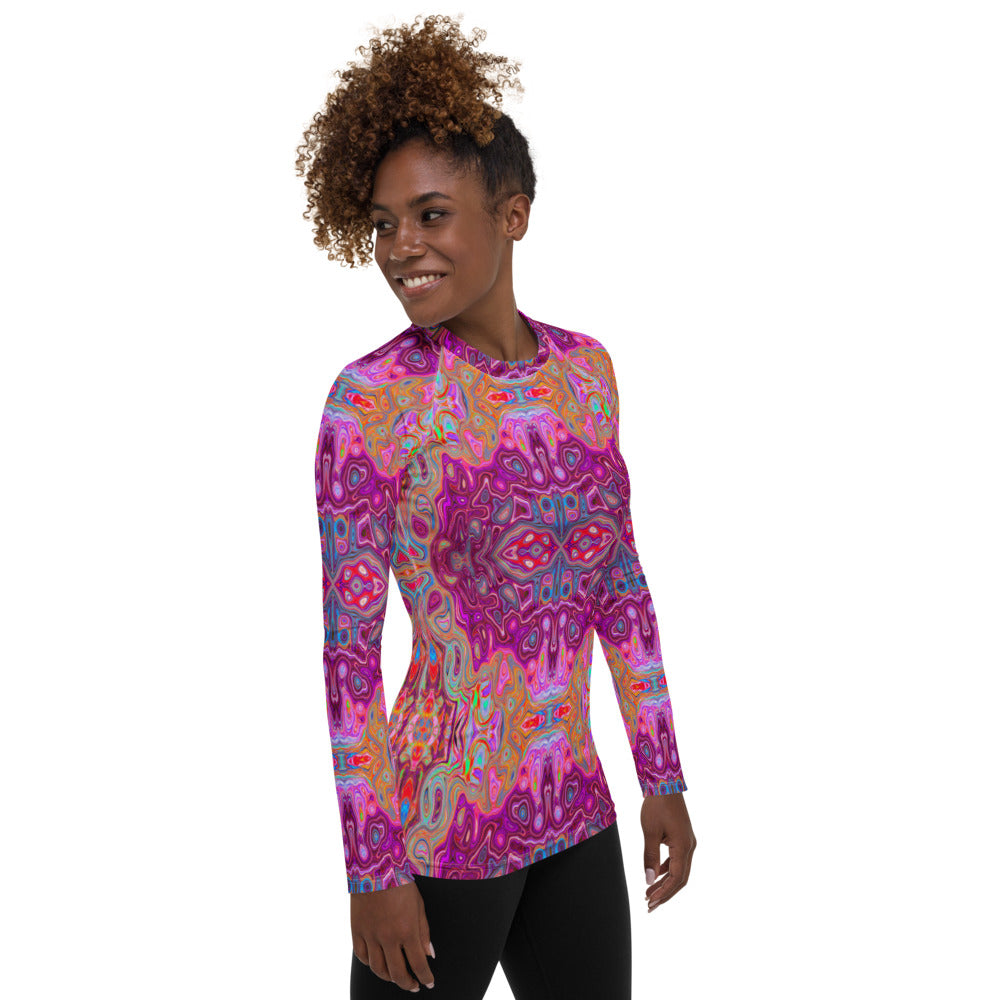 Women's Rash Guard Shirts, Abstract Magenta, Pink, Blue and Red Groovy Pattern