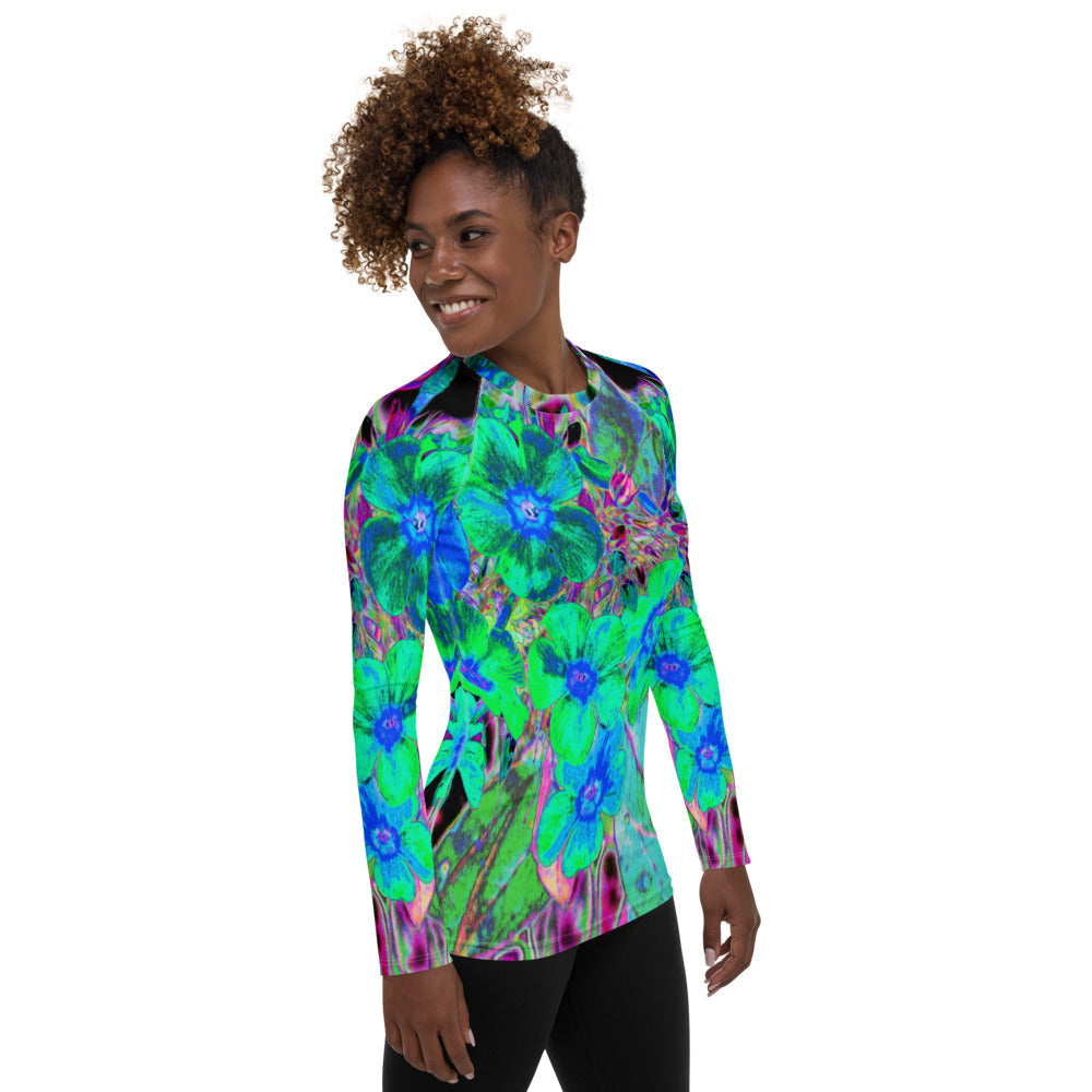 Women's Rash Guard Shirt, Psychedelic Trippy Lime Green and Blue Flowers