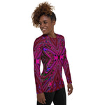 Women's Rash Guard Shirts, Trippy Hot Pink, Red and Blue Abstract Butterfly