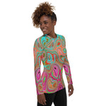 Women's Rash Guard Shirts, Trippy Retro Orange and Aqua Groovy Abstract Art