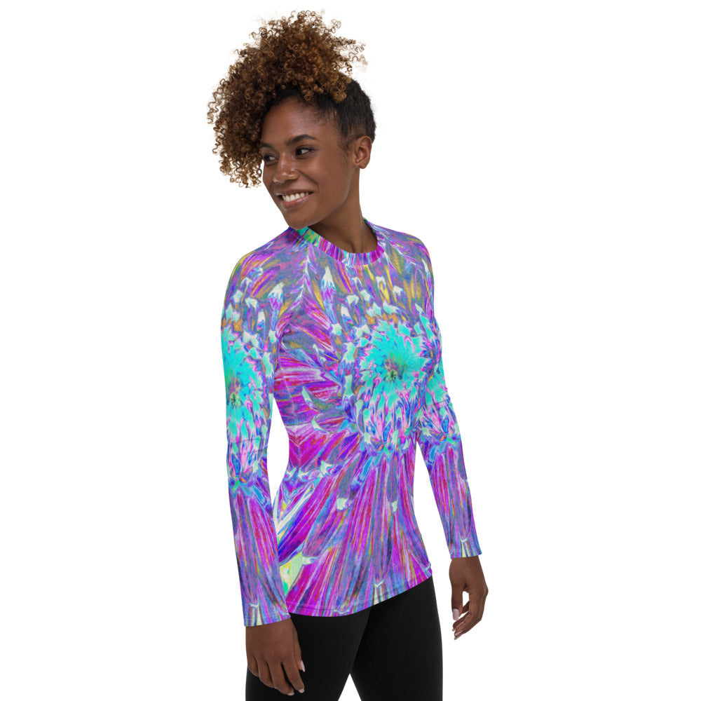 Women's Rash Guard Shirts, Purple and Robin's Egg Blue Decorative Dahlia