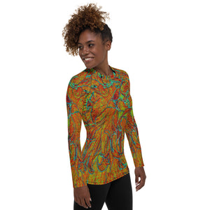 Women's Rash Guard Shirts, Abstract Burnt Orange and Green Dahlia Bloom