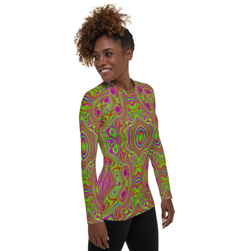 Women's Rash Guard Shirts, Trippy Retro Chartreuse Magenta Abstract Pattern