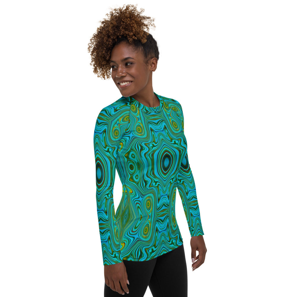 Women's Rash Guard Shirts, Trippy Retro Turquoise Chartreuse Abstract Pattern