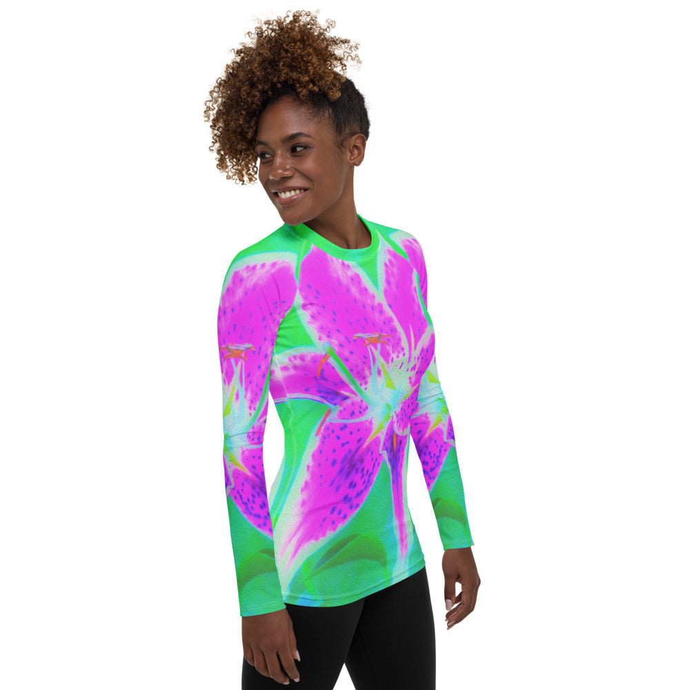 Women's Rash Guard Shirts, Hot Pink Stargazer Lily on Turquoise and Green