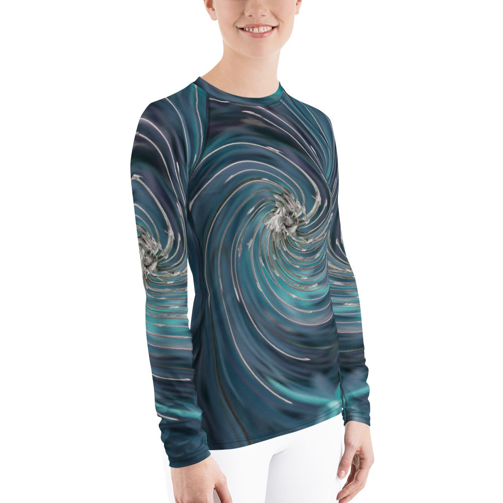 Women's Rash Guard Shirts, Cool Abstract Retro Black and Teal Cosmic Swirl