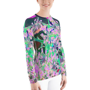 Women's Rash Guard Shirts, Cool Abstract Retro Nature in Pink and Lime Green