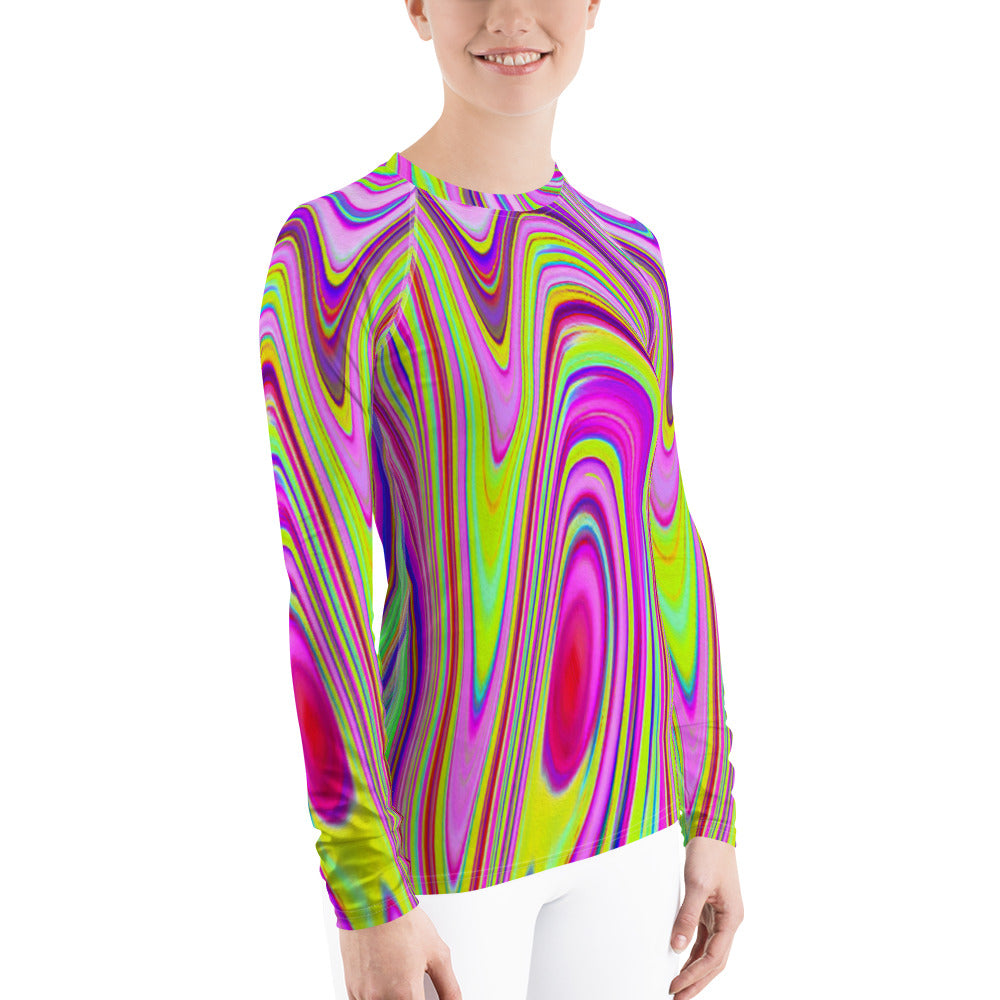 Women's Rash Guard Shirts, Trippy Yellow and Pink Abstract Groovy Retro Art