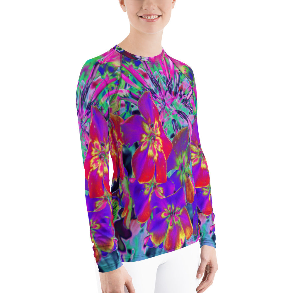 Women's Rash Guard Shirts, Dramatic Psychedelic Colorful Red and Purple Flowers