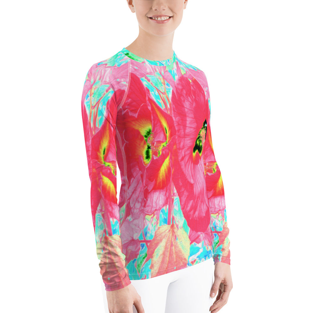 Women's Rash Guard Shirts, Two Rosy Red Coral Plum Crazy Hibiscus on Aqua