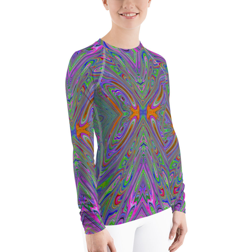 Women's Rash Guard Shirts, Abstract Trippy Purple, Orange and Lime Green Butterfly