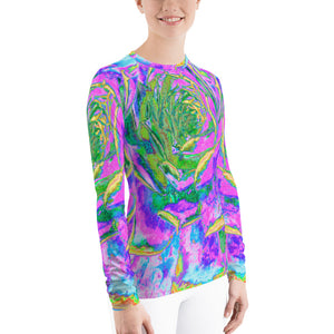 Women's Rash Guard Shirts, Rainbow Colors Fiesta Succulent Sedum Rosette