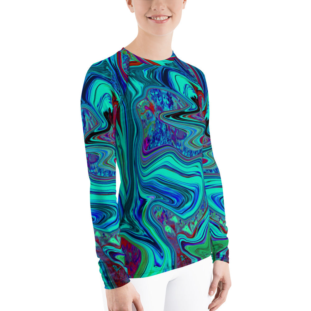 Women's Rash Guard Shirts, Groovy Abstract Retro Art in Blue and Red