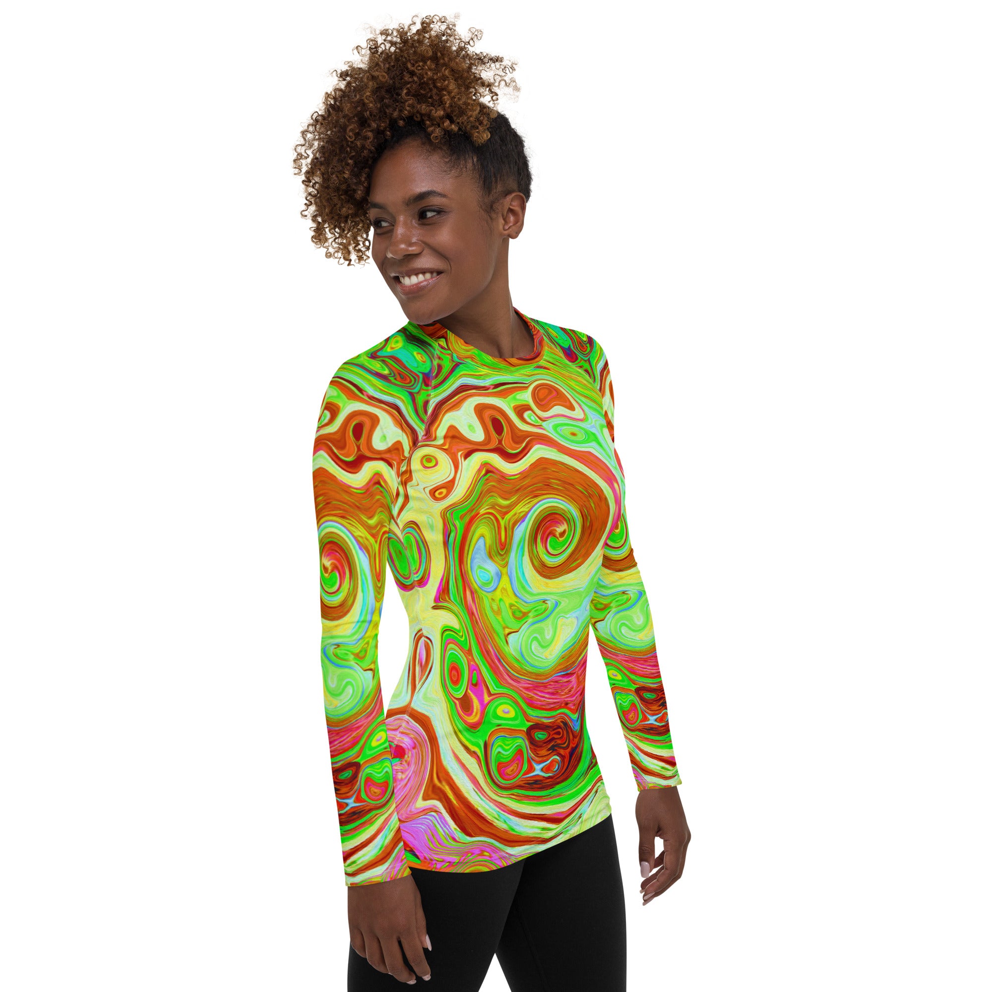 Women's Rash Guard Shirts, Groovy Abstract Retro Red and Green Swirl