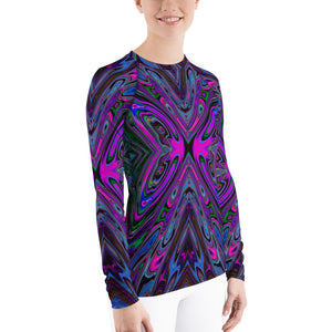 Women's Rash Guard Shirts, Trippy Magenta, Blue and Green Abstract Butterfly