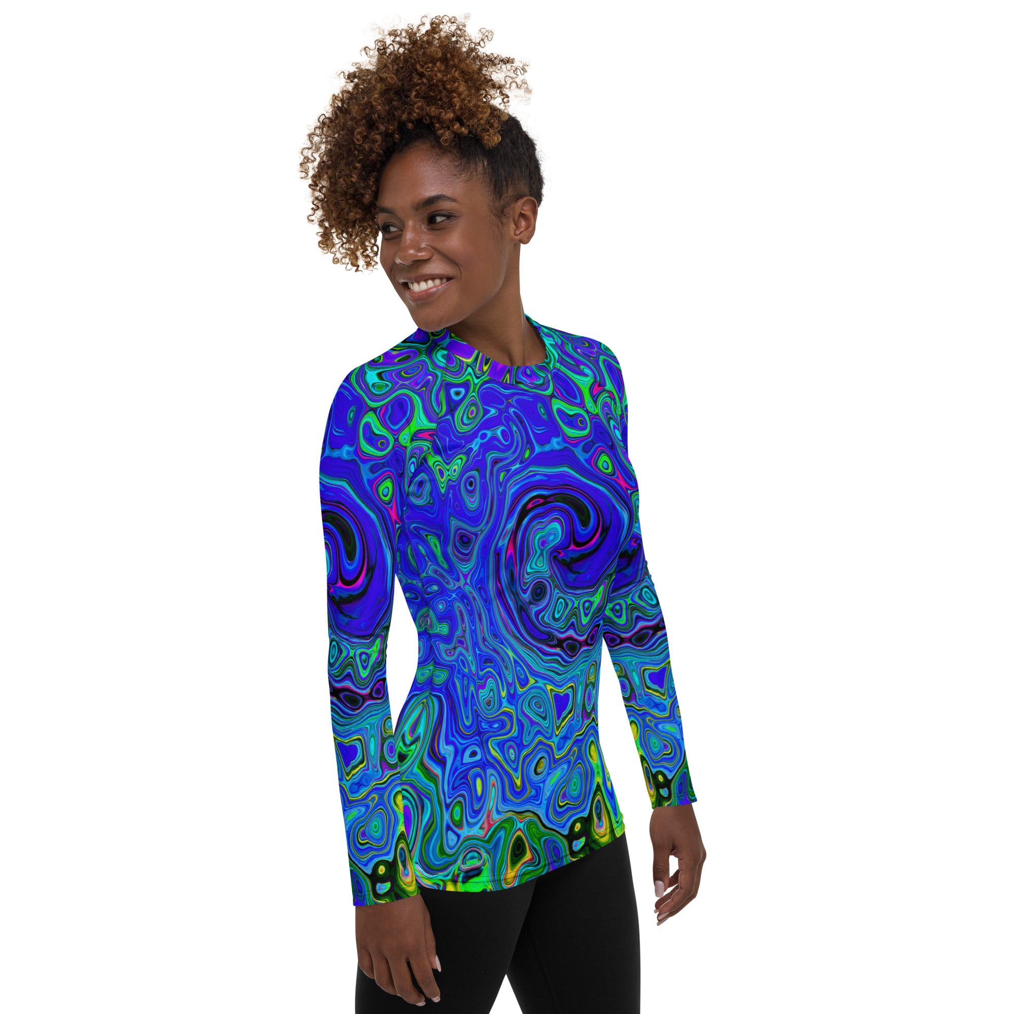 Women's Rash Guard Shirts, Trippy Violet Blue Abstract Retro Liquid Swirl