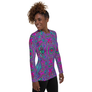 Women's Rash Guard Shirts, Trippy Retro Magenta, Blue and Green Abstract