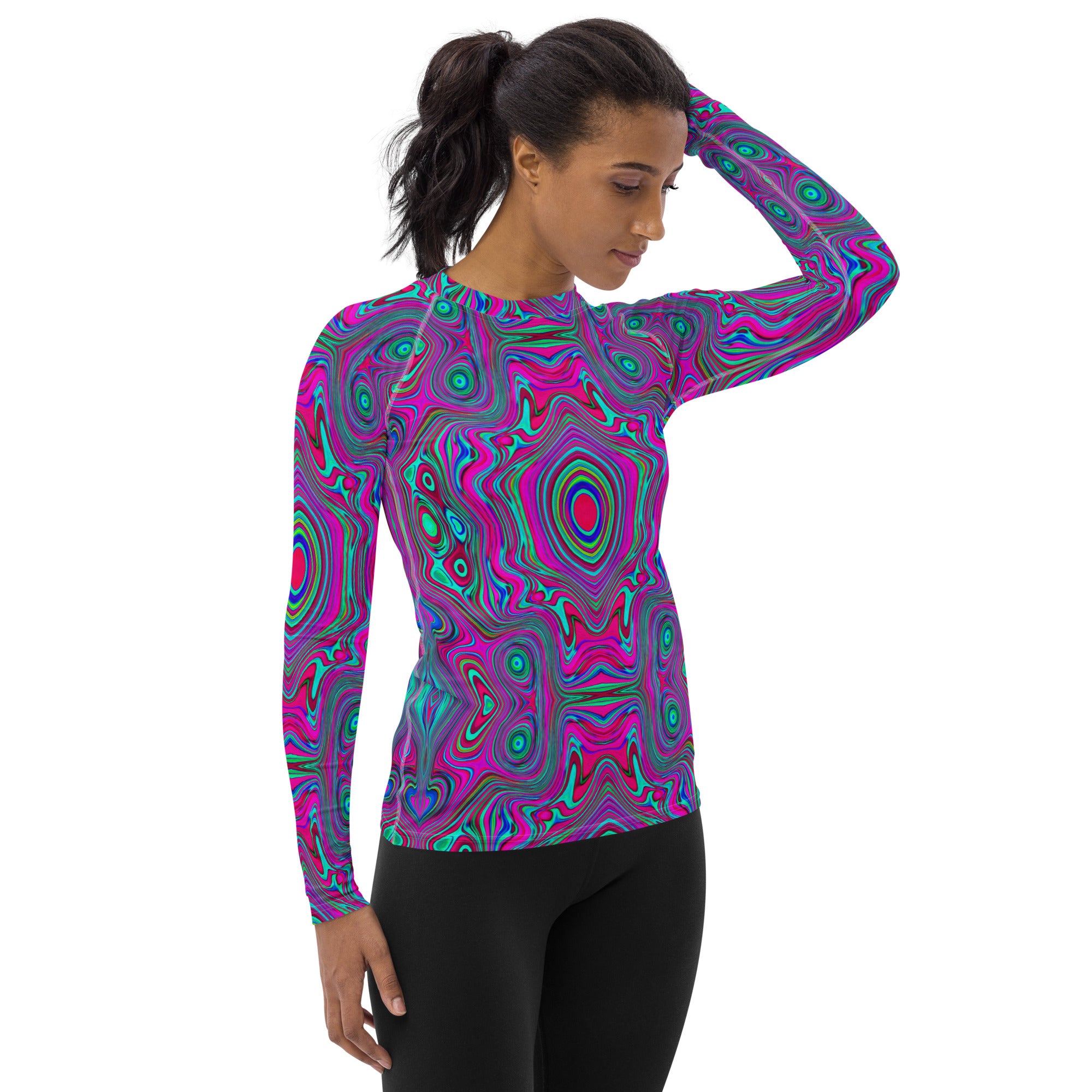 Women's Rash Guard Shirts, Trippy Retro Magenta, Blue and Green Abstract