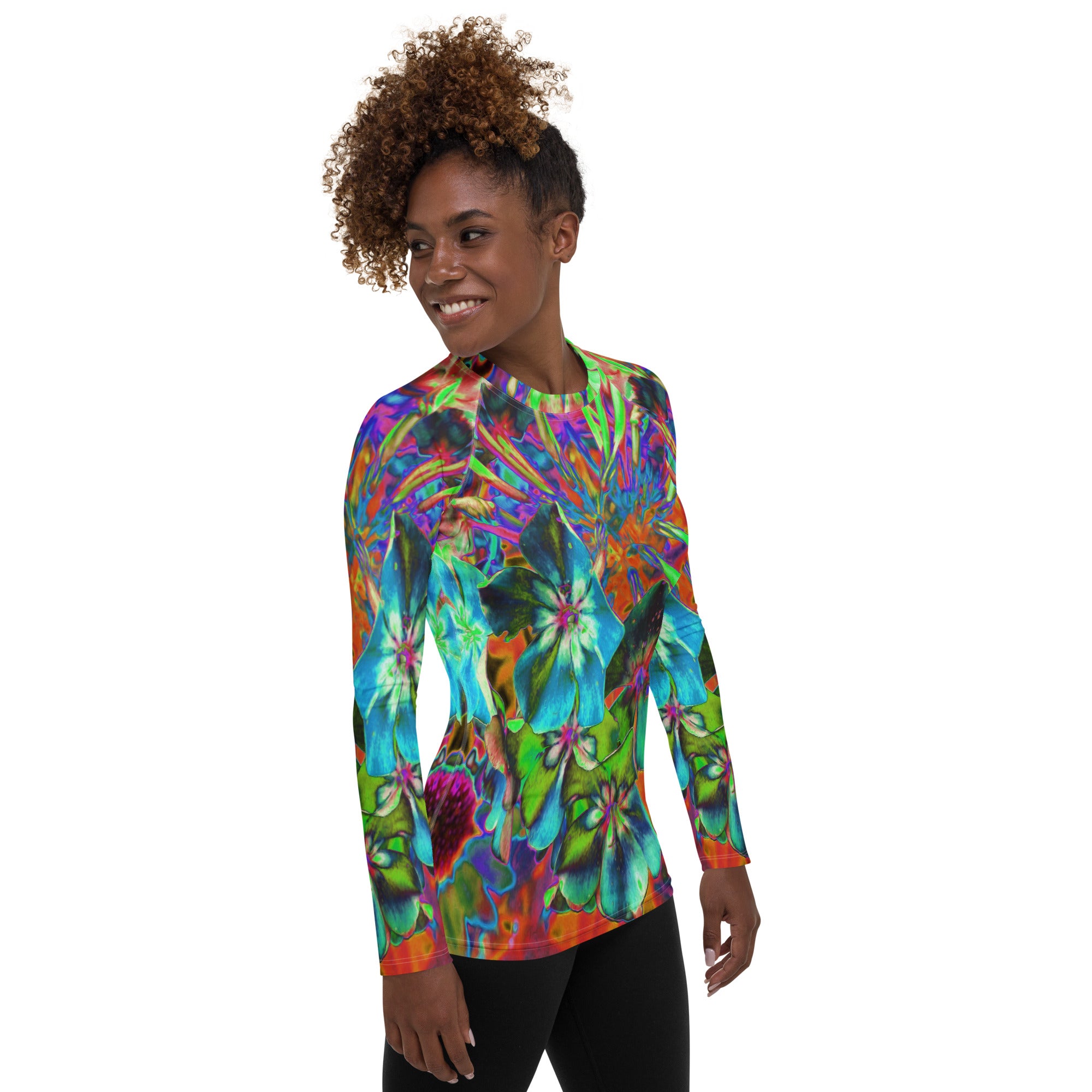 Women's Rash Guard Shirts, Blooming Abstract Blue and Lime Green Flower