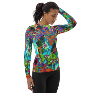 Women's Rash Guard Shirts, Blooming Abstract Blue and Lime Green Flower