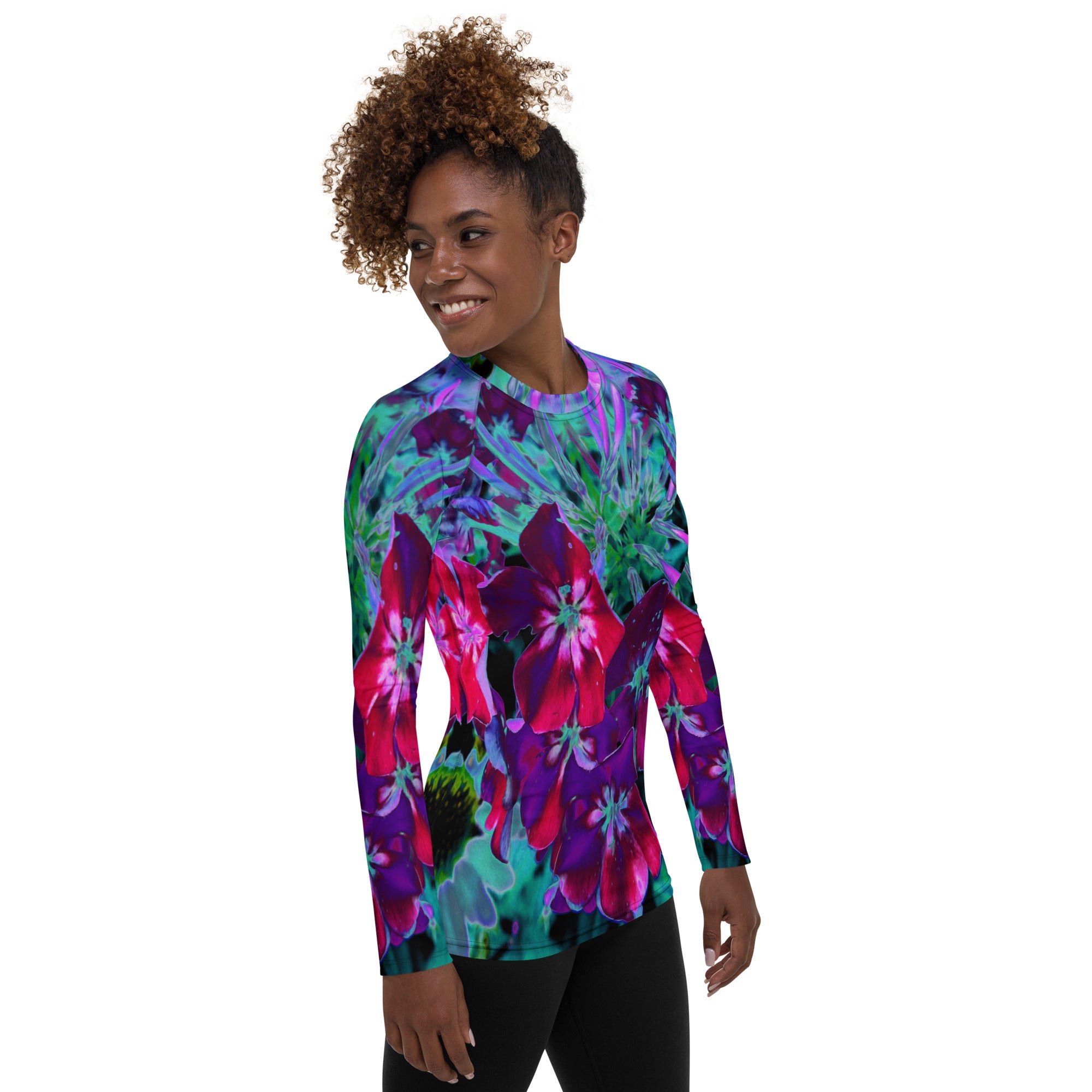 Women's Rash Guard Shirts, Dramatic Red, Purple and Pink Garden Flower