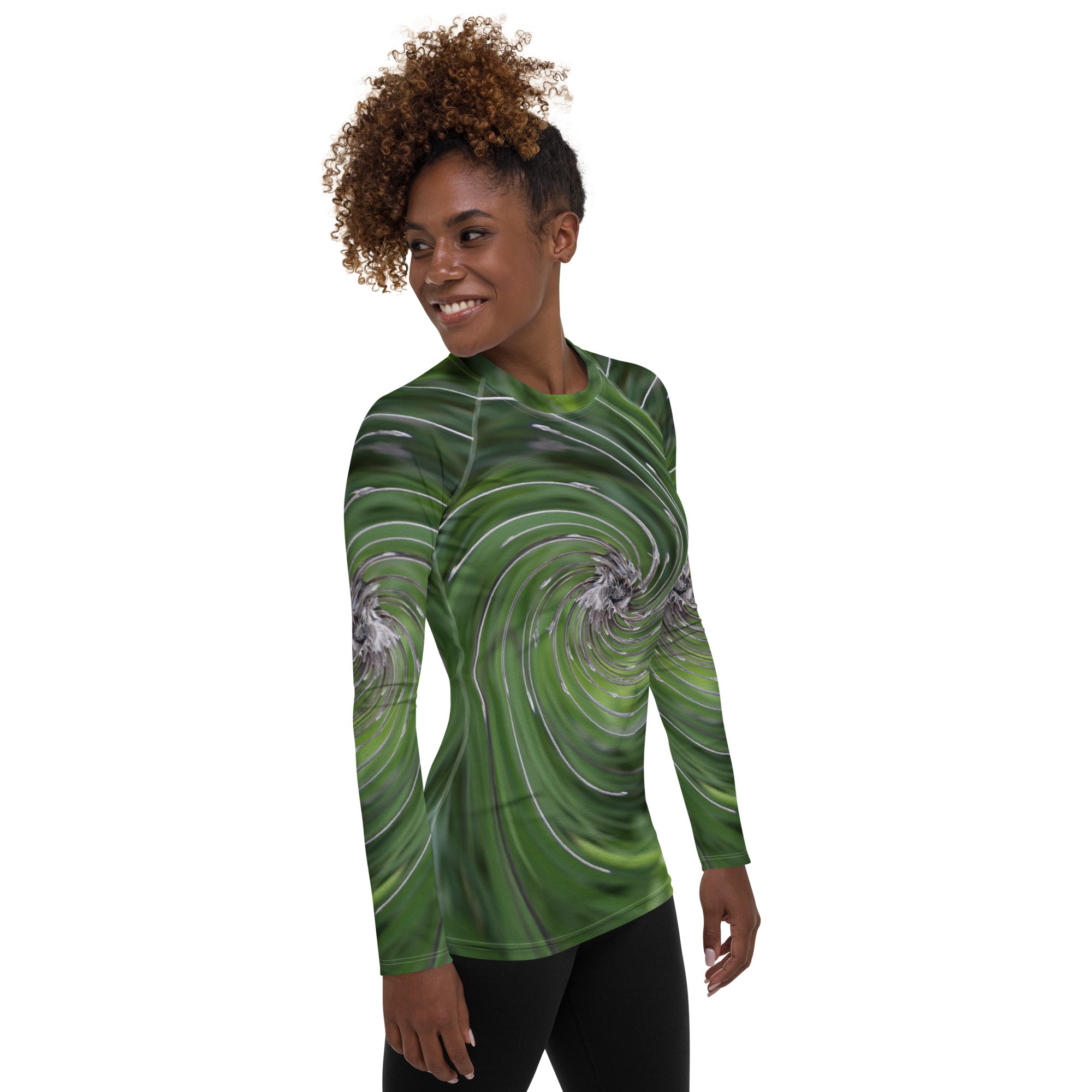 Women's Rash Guard Shirts, Cool Abstract Retro Chartreuse Green Floral Swirl