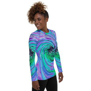 Women's Rash Guard Shirts, Cool Abstract Lime Green and Purple Floral Swirl