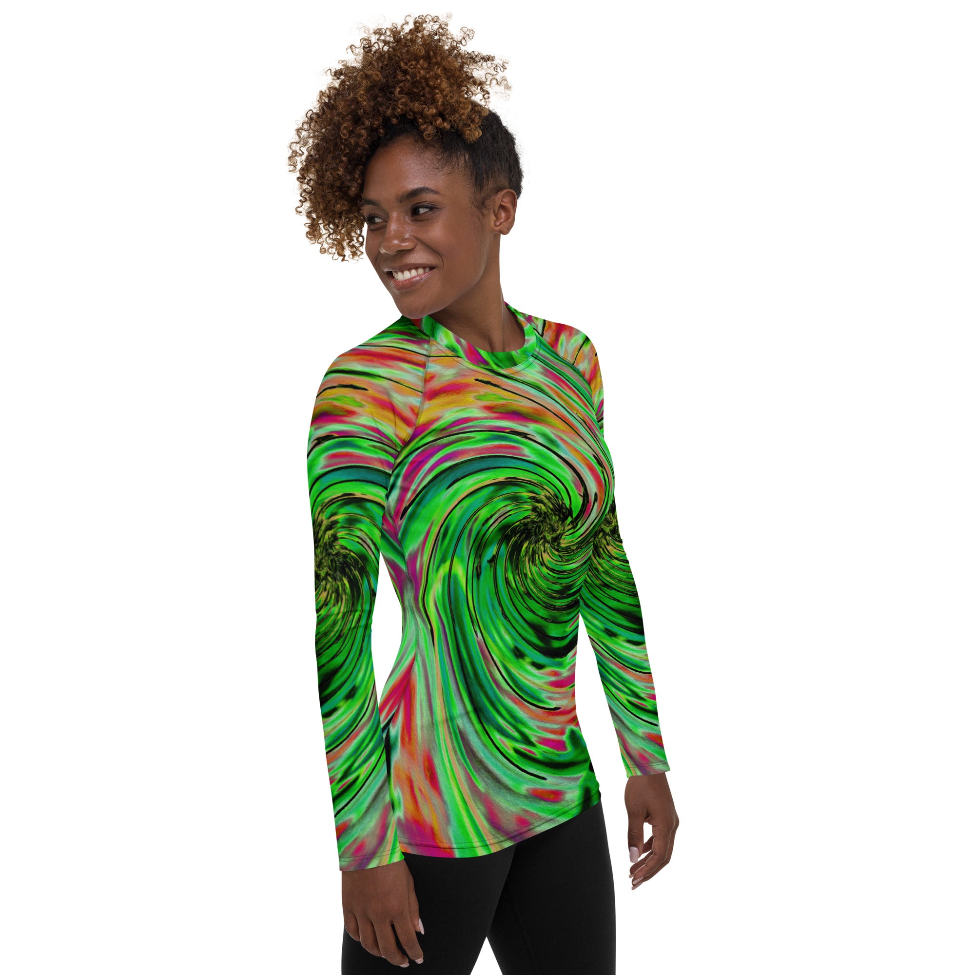 Women's Rash Guard Shirts, Cool Abstract Lime Green and Black Floral Swirl