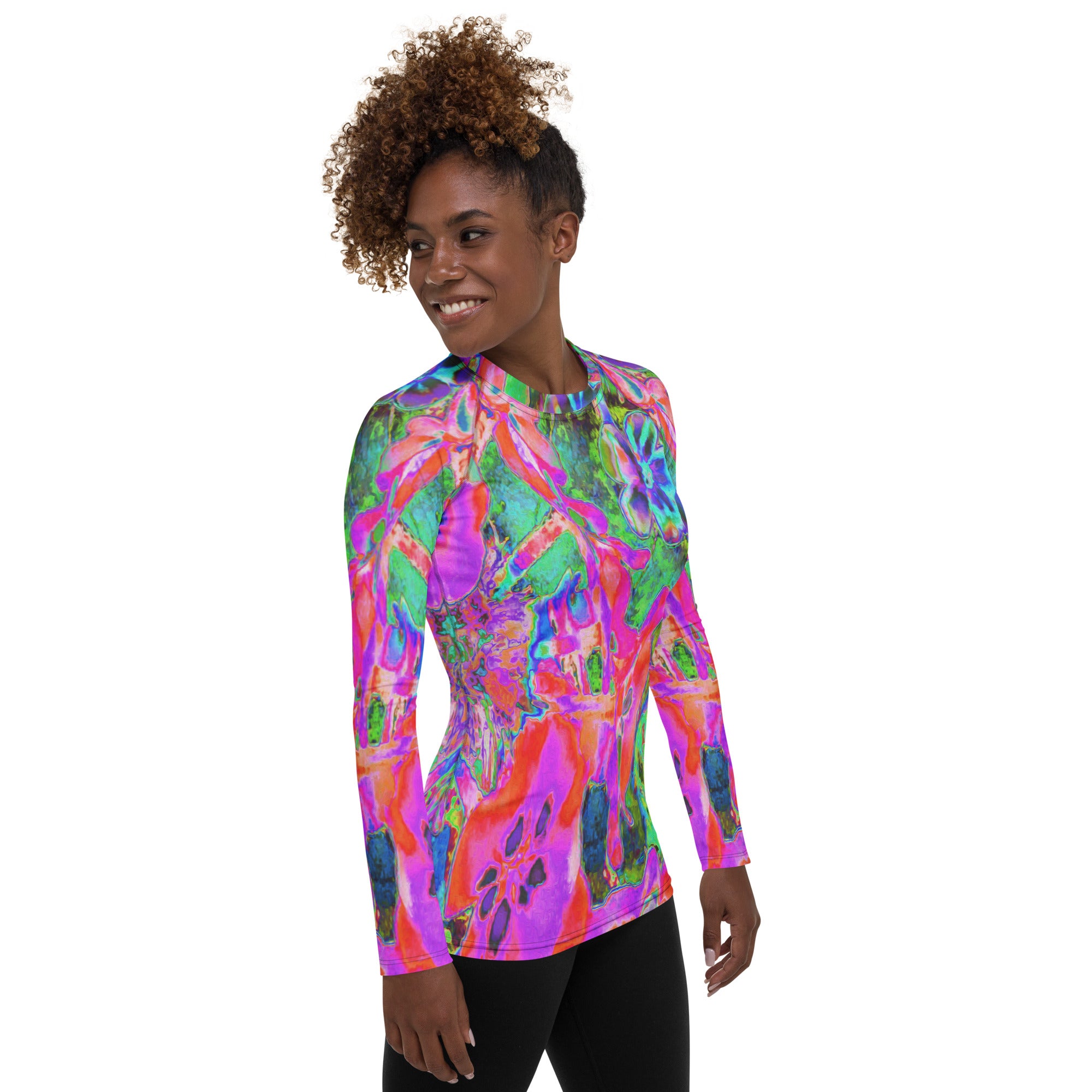 Women's Rash Guard Shirts - Trippy Psychedelic Hot Pink and Purple Flowers