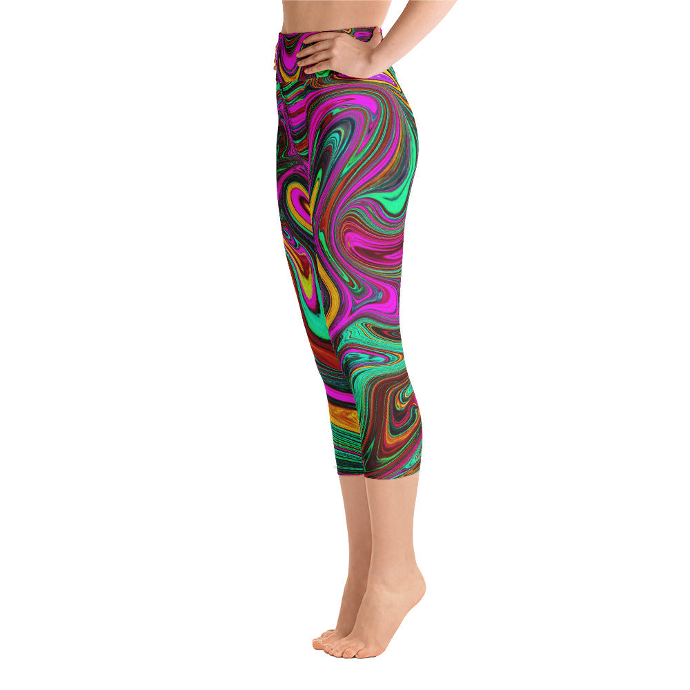 Capri Yoga Leggings, Retro Groovy Hot Pink and Sea Foam Green Abstract Art